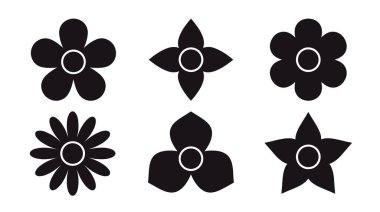 Altı farklı siyah çiçek ikonundan oluşan bir koleksiyon. Her çiçeğin kendine has bir şekli ve tasarımı vardır. Grafik tasarım elementleri, logolar veya desenler için mükemmeldir. Basit ve modern çiçek sembolleri..
