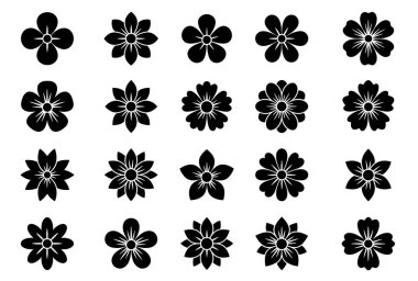 20 tane tek renkli çiçek ikonundan oluşan vektör grafik çizimi. Her çiçeğin kendine özgü basit bir tasarımı var. Kolay kullanım için temiz beyaz bir arkaplanda izole edilmiş..