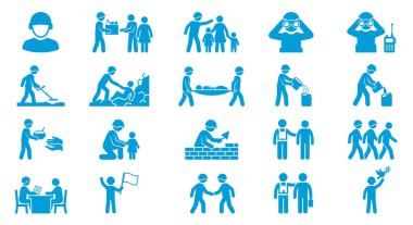 İnsani yardım, afet yardımı, toplum desteği, gönüllülük ve barış gibi sosyal etkileşimleri gösteren mavi sembol koleksiyonu.