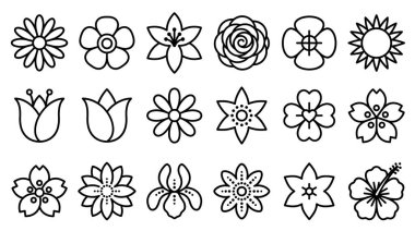 Gül, zambak, lale ve papatya gibi on sekiz farklı çiçek ikonundan oluşan çok yönlü bir set, beyaz arka planda temiz siyah bir tasarım tarzında, çeşitli grafik tasarım projeleri için mükemmel..