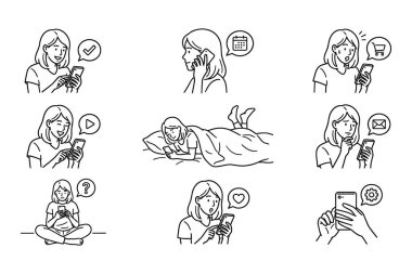 Akıllı telefonuyla kızların günlük rutinini tasvir eden el çizimleri. Sosyal medya, e-posta, takvim, çevrimiçi alışveriş ve iletişim simgeleri içerir.