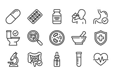 A collection of thin line icons related to medicine, pharmacy, and digestive health. Includes symbols for pills, stomach, intestines, microscope, and medical research.