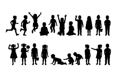 Vector illustration of multiple child figures. This collection includes kids in various poses such as running, jumping, sitting, and crawling, showing movement and playfulness.