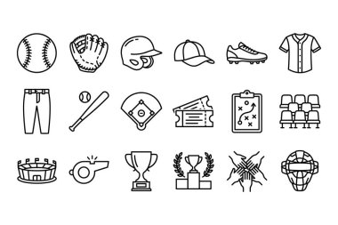 Bir top, sopa, eldiven, kask, forma, stadyum, kupa ve strateji tahtası gibi çeşitli beyzbol unsurlarını temsil eden vektör çizgisi simgelerinden oluşan bir koleksiyon. Spor temalı tasarımlar için mükemmel..