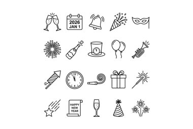 2026 yılının yeni yılı için 20 adet siyah beyaz çizgi resim ikonu. Parti sembolleri ve havai fişek, şampanya, saat ve takvim gibi kutlamalar içerir..