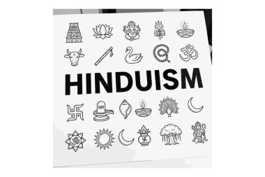 İllüstrasyonda Hinduizm kelimesi Om, Swastika, Ganesha, Lotus ve bir tapınak gibi çeşitli dini ve kültürel sembollerle çevrilidir..