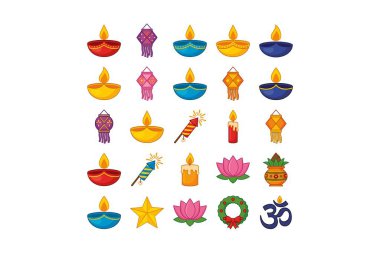 Hindistan Diwali Festivali 'nin renkli simgeleri arasında diya yağı lambaları, fenerler, havai fişekler, nilüfer çiçekleri ve beyaz arka planda izole edilmiş Om sembolü de var..