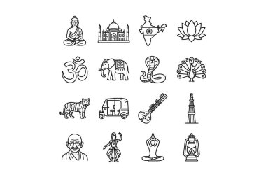 Tac Mahal, Gandhi, Lotus, fil ve Om sembolleri gibi ünlü Hint sembollerinin yer aldığı on altı adet siyah beyaz çizgi sanat simgesi. Seyahat ve kültürel tasarımlar için mükemmel..