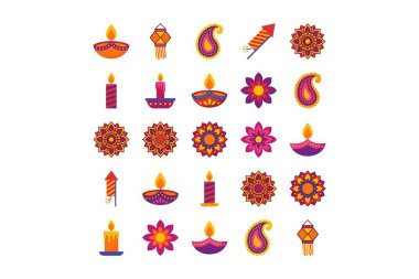 Hindu Diwali festivali için renkli düz dizayn simgeleri. Bunlar arasında diya lambaları, mumlar, fenerler, havai fişekler, Rangoli desenleri ve beyaz arka planda izole edilmiş çiçekler var..