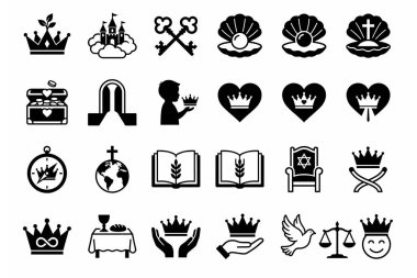A collection of solid black icons depicting religious and royal themes such as crowns, the Bible, a throne, a dove, and symbols of faith, justice, and the heavenly kingdom.