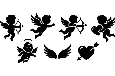 İçinde ok ve yay bulunan izole edilmiş siyah vektör siluetleri, halesi, kanatları olan bir melek ve romantik tasarımlar için okla delinmiş bir kalp..