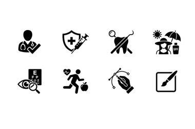 Doktor, aşı, diş bakımı, güneş koruması, göz muayenesi, sağlıklı yaşam tarzı, vektör tasarımı ve düzenleme sembolleri de dahil olmak üzere sekiz katı ikondan oluşan bir koleksiyon.