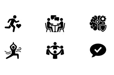 Koşu, grup tartışması, beyin koruması, yoga, topluluk çemberi ve sağlık ve refah kavramları için olumlu doğrulama içeren altı siyah sembol..