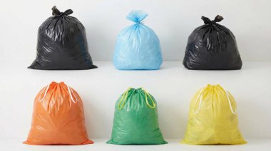 An assortment of six colorful garbage bags, including black, blue, orange, green, and yellow, arranged on a plain background for waste management concepts.