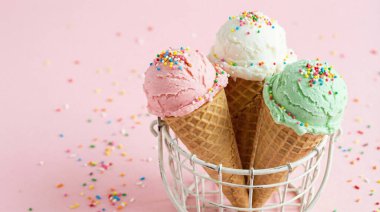 Çilek, vanilya ve naneli dondurmanın çıtır waffle külahında olduğu tatlı bir yaz ziyafeti. Sahne rengarenk konfetilerle süslenmiş..