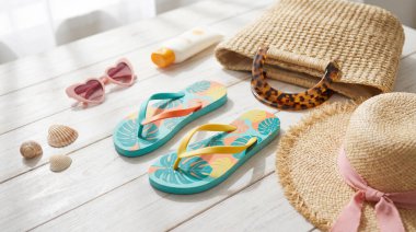 Yaz tatili için beyaz ahşap bir yüzeye yerleştirilmiş renkli parmak arası terlikler, bir hasır çanta, şapka, güneş gözlüğü ve güneş kremi de dahil olmak üzere bir plaj malzemesi koleksiyonu..