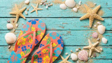 Flat lay of summer essentials including colorful floral flip-flops, various seashells, and starfish scattered on a weathered turquoise wooden surface with sand.