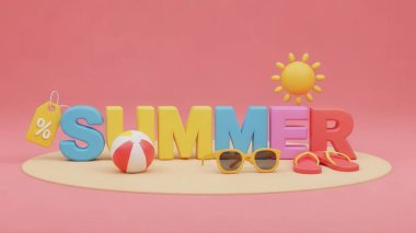 A cute and colorful 3D rendering of the word SUMMER on a sandy patch. The scene includes a beach ball, sunglasses, flip-flops, and a sun icon against a pink backdrop.