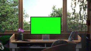 Ofis penceresi ve yaz manzaralı bilgisayar monitörü. Yüksek kalite 4k görüntü