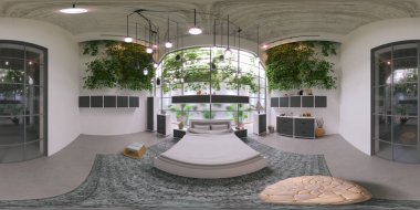 3D görüntüleme tam 360 'a 180 derece dikdörtgen şeklindeki panorama iç endüstriyel yatak odasında 360 panorama