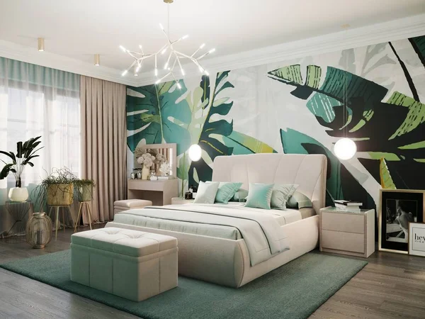 以花卉装饰的绿色内墙纸作装饰的豪华卧房的3D渲染 — 图库照片