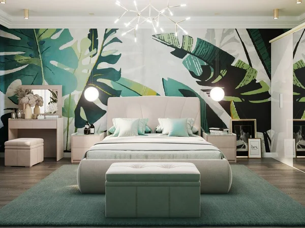 Återgivning Ett Lyxigt Sovrum Grön Interiör Tapet Med Blommiga Prydnader — Stockfoto