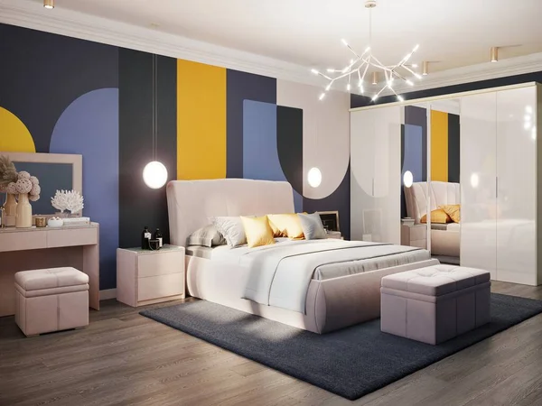 Återgivning Lyxigt Sovrum Blå Interiör Tapet Med Geometrisk Prydnad — Stockfoto