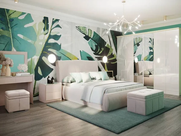 3d rendering of a luxury bedroom in a green interior wallpaper with floral ornaments