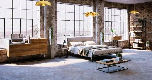 Renderização Loft Estilo Quarto — Fotografia de Stock