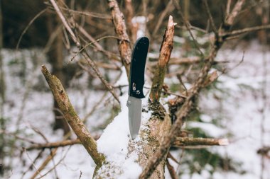 Çakı karlı bir ormanda keskin 