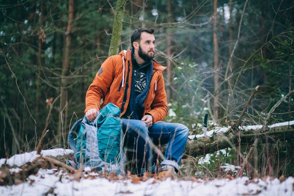 Hiker on the winter forest — Stock Photo, Image