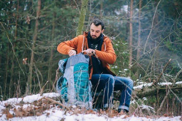 Hiker on the winter forest — Stock Photo, Image