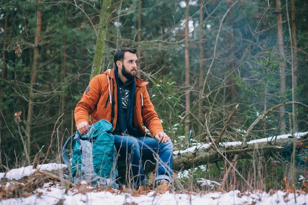 uzun yürüyüşe çıkan kimse kış orman üzerinde