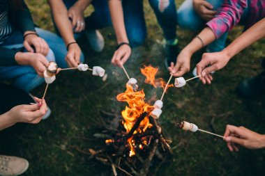 Kamp ateşi üzerinde marshmallows sopalarla 