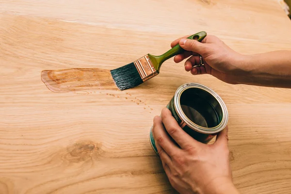 Wood texture, hand and paintbrush