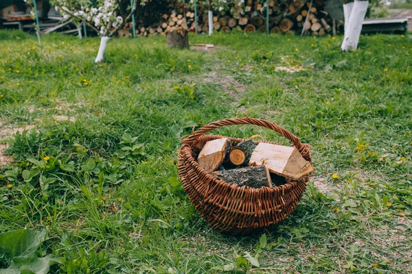 Eski sepet içinde odun — Stok fotoğraf