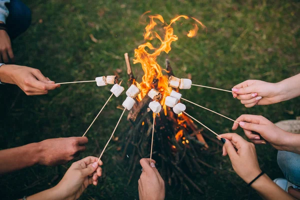 Kamp ateşi üzerinde marshmallows sopalarla 