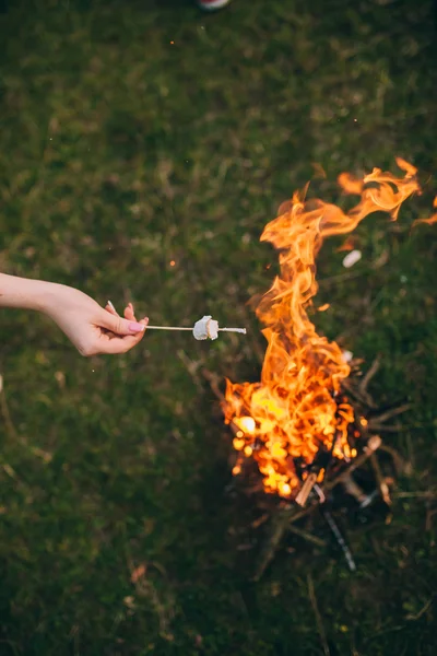 Bâton avec guimauve au-dessus du feu de camp — Photo