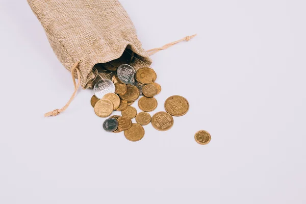 Лляна сумка з монетами — стокове фото
