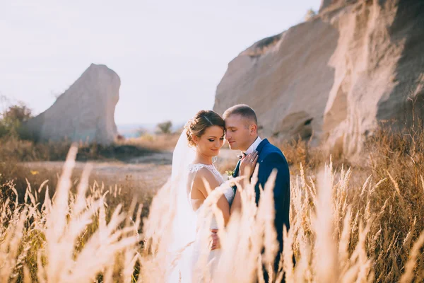 Pár na svatbě chodit ve skalách — Stock fotografie