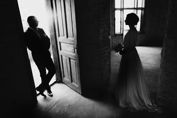 Recién casados posando en un edificio antiguo — Foto de Stock