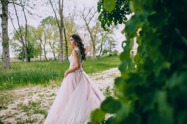 Sposa contro muro con edera — Foto Stock