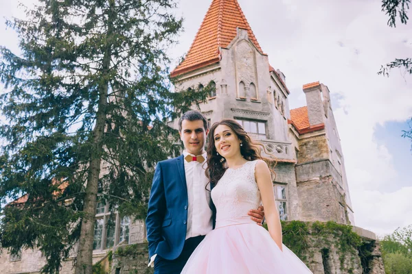 Newlyweds by the old castle — Stock Photo, Image