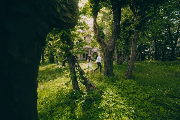 Yeni evliler eski kale tarafından — Stok fotoğraf