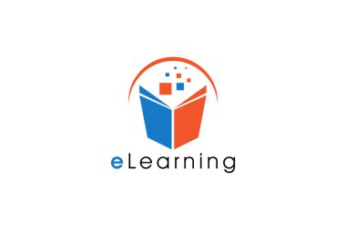 Çevrimiçi Eğitim ve Dijital Öğrenme Damgalama için Kitap ve Oynama Düğmesi ile Soyut e-Öğrenme Logosu Tasarımı