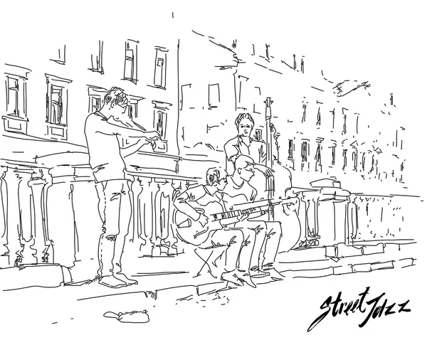 Graphic drawing of musicians on the street — Stock Vector