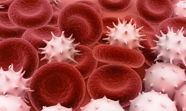 Virüs ve kan hücreleri. 3D çizim