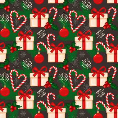 Seamless Christmas pattern on a dark background. Flat vector illustration of gift boxes with red bows, candy canes, holly berries, fir branches and snowflakes. Decorative Christmas background.