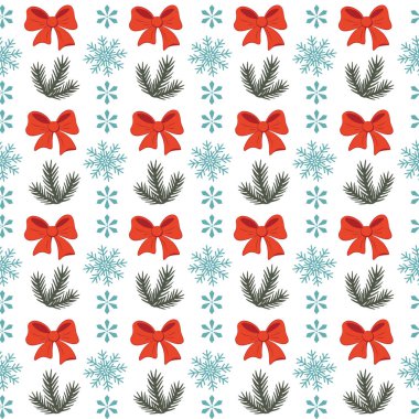 Kırmızı fiyonklu, çam dallı ve beyaz arka planda kar taneleri olan kusursuz bir Noel deseni. Paket kağıdı, kumaş, duvar kağıdı, dijital arkaplan için ideal tasarım