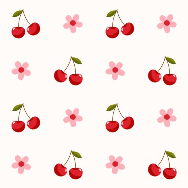 Kırmızı kirazlı kusursuz vektör deseni ve açık arkaplanda eşit aralıklı basit pembe çiçekler. Kumaş baskıları, çocuk odası dekoru, şirin bahar veya yaz arkaplanları için minimal düz stil.